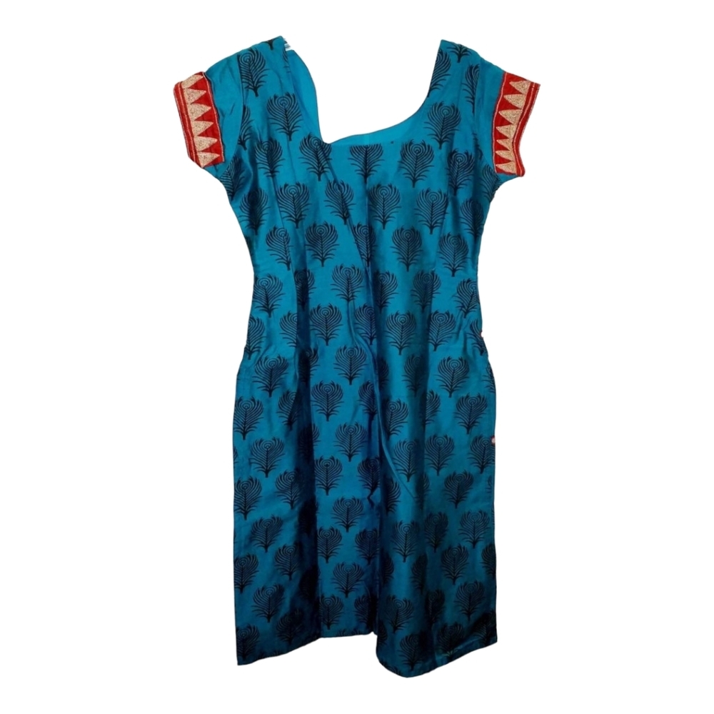 Teal & Red Mirrored and Embroidered Angled Neckline Kurti Size 36‎